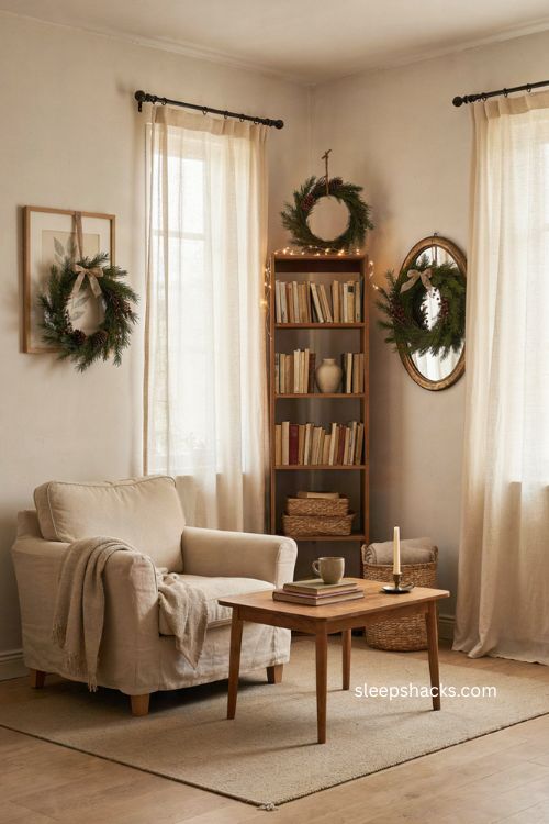 Mini Christmas wreaths over wall art and furniture for small living room decor 