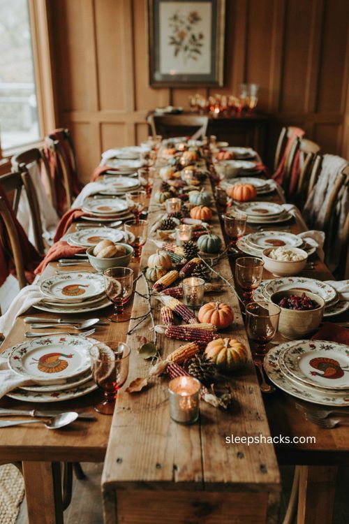 Mini Indian corn pinecones and candles on a vintage thanksgiving table