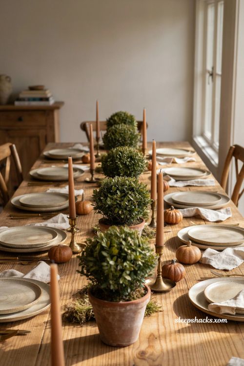 Mini Thanksgiving topiary centerpiece with potted greenery and moss 
