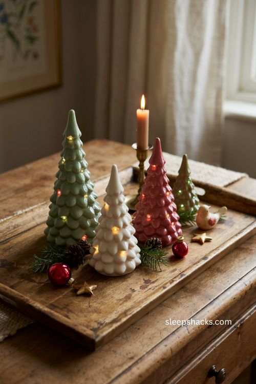 Mini ceramic christmas tree forest with glowing vintage trees on a wooden tray