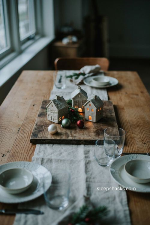 Mini ceramic village Christmas table centerpiece with glowing houses 