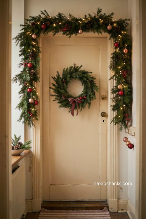 Mini christmas garland archway around apartment door with greenery ornaments and warm lights 