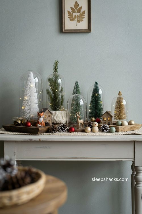 Mini christmas trees under glass cloches for cozy holiday decor 