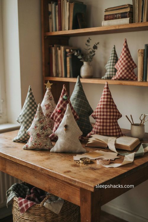 Mini fabric christmas trees diy for desk shelf and small spaces