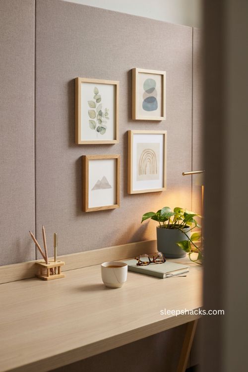 Mini gallery wall decor with botanical art neutral frames and cozy office cubicle style 