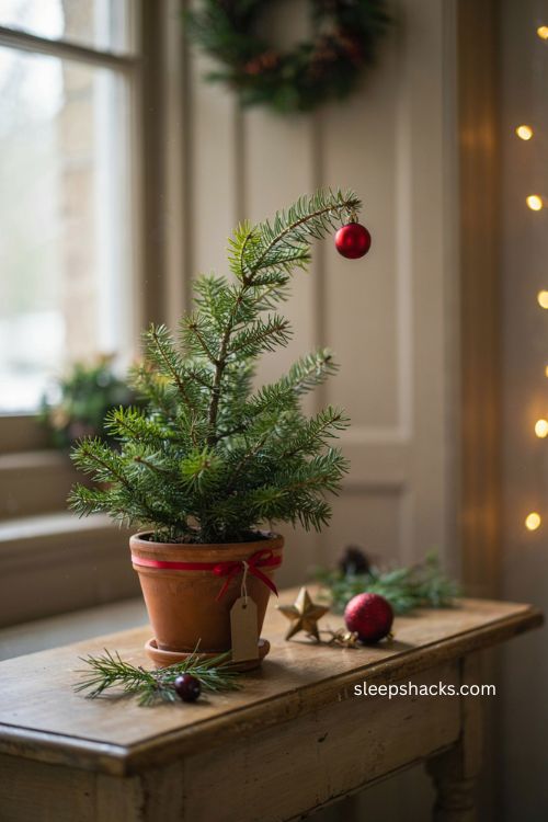 Mini gift giving grinch tree with red ribbon red ornament and small pot