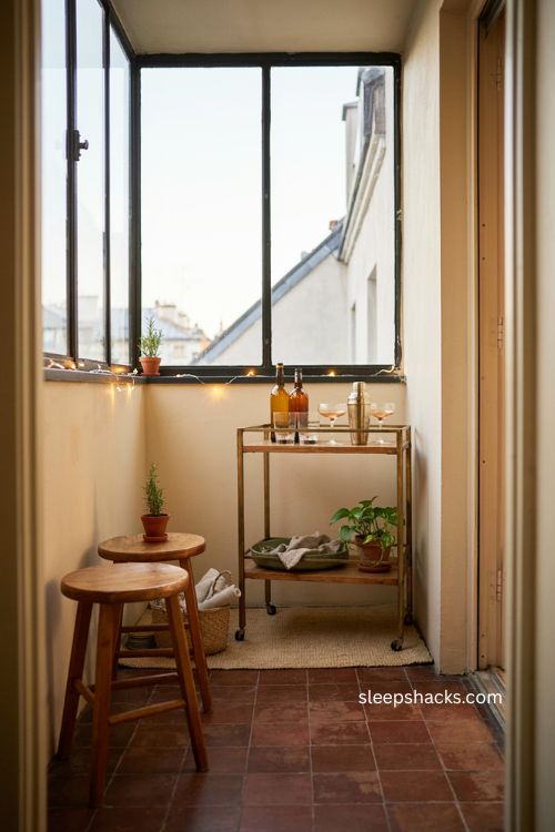 Mini home bar cart with glassware stools and string lights for closed balcony