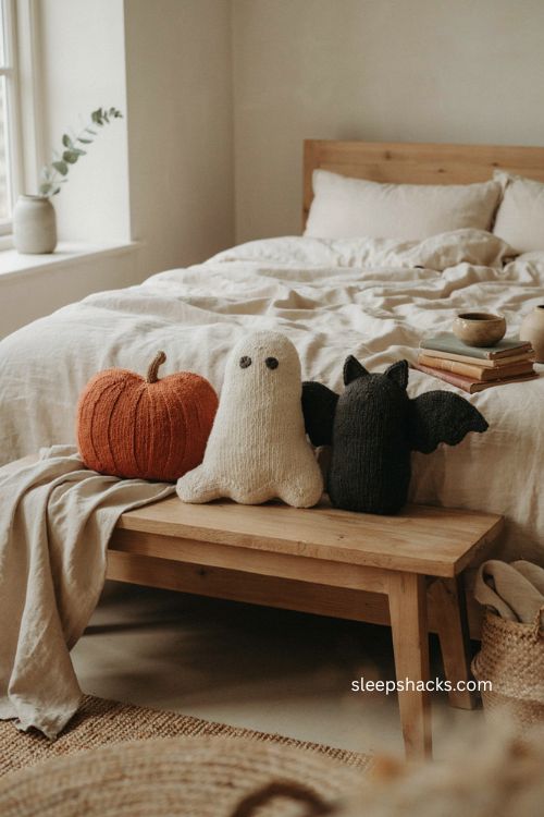 Mini hooked pumpkin ghost and bat pillows for cozy Halloween decor
