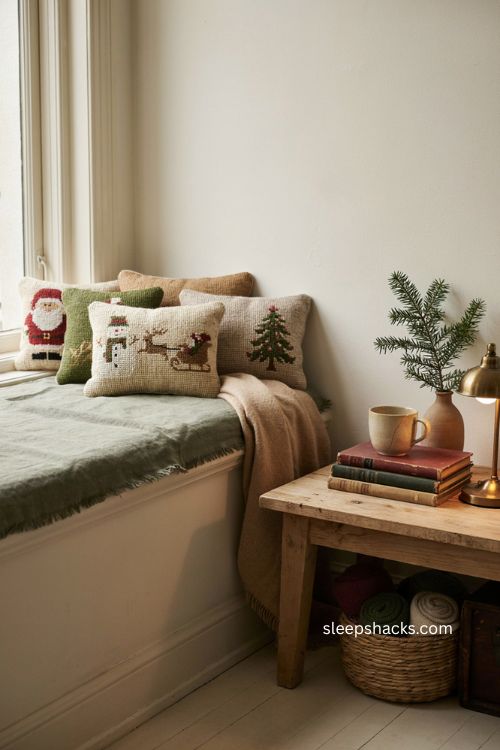 Mini needlepoint Christmas pillows cozy apartment window seat decor