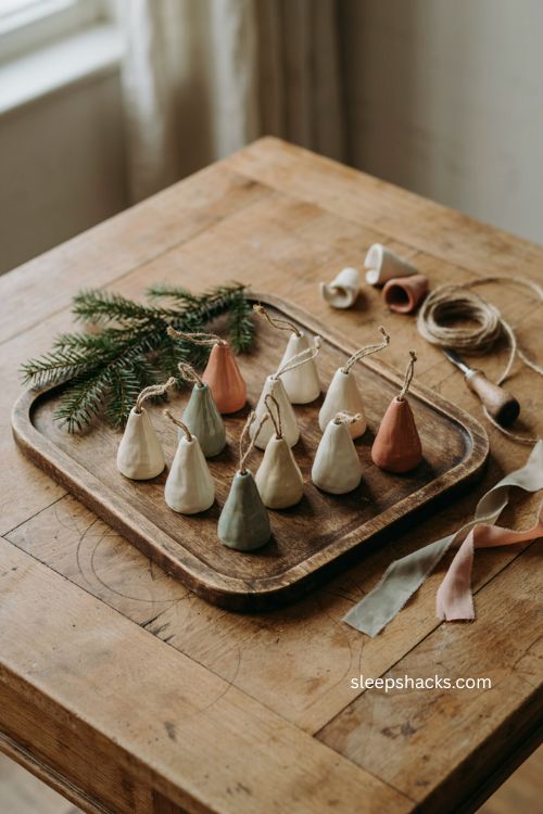 Mini pottery christmas tree ornaments in glossy white and raw stoneware with twine