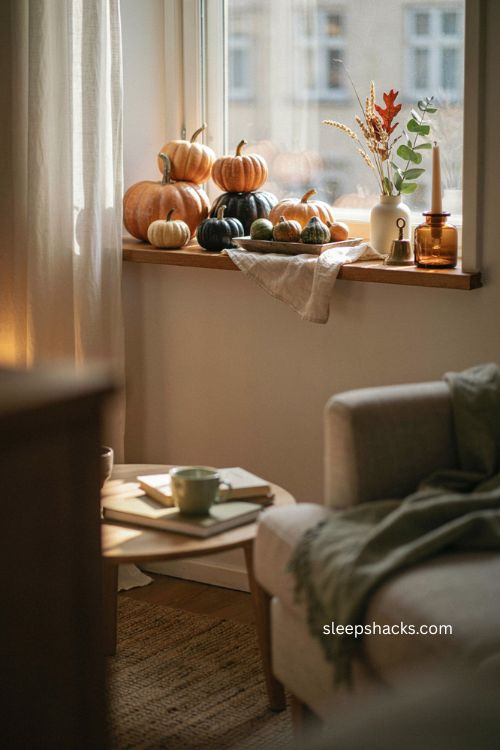 Mini pumpkin Halloween decor for a small apartment windowsill 