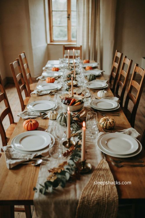 Mini pumpkin Thanksgiving place settings with white orange and heirloom gourds 