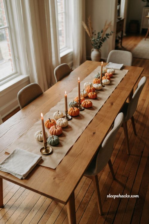Mini pumpkin and candle trail on a butcher paper Thanksgiving table with rustic farmhouse decor 