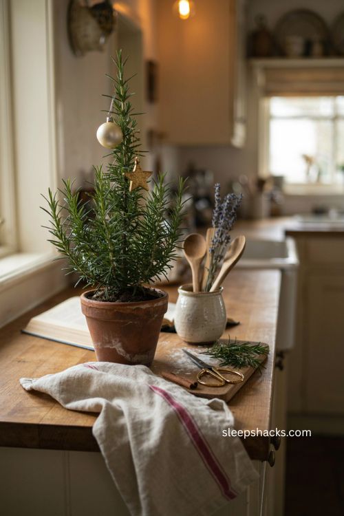 Mini rosemary Christmas tree in a cozy kitchen counter corner 