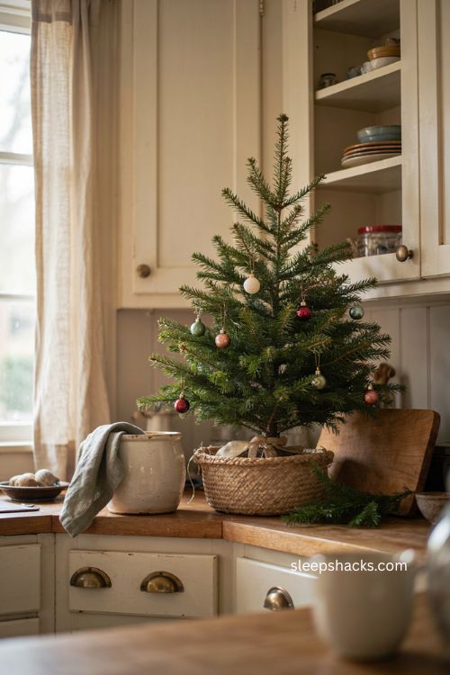 Mini tabletop Christmas tree in a natural basket on a cozy farmhouse kitchen counter 