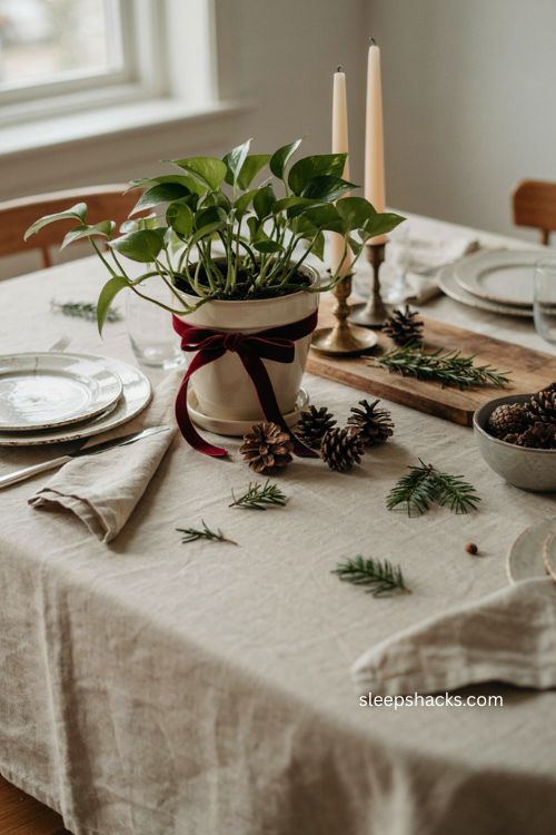 Miniature Christmas tree centerpiece using a houseplant and velvet ribbon 