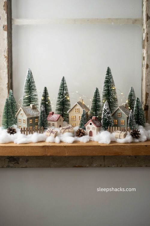 Miniature Christmas trees and village scene on a snowy shelf