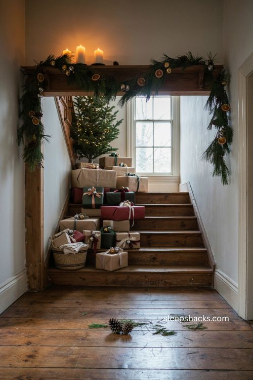 Miniature bell Christmas wrapping paper ideas with ribbons and vintage holiday gifts 
