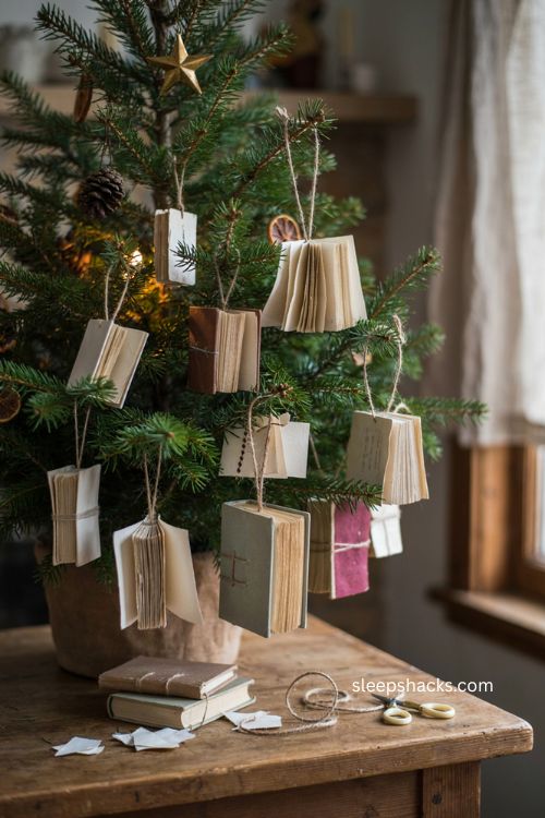 Miniature book ornaments with hand bound paper pages stitched spines and vintage christmas tree charm 