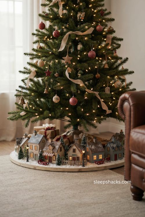 Miniature light up Christmas village collar around the tree base 