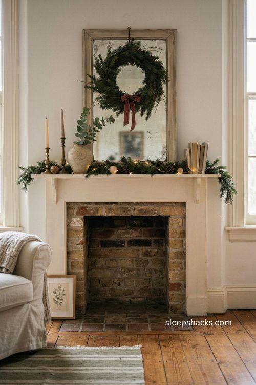 Minimal Christmas mantel decor with layered wreath and simple evergreen garland 