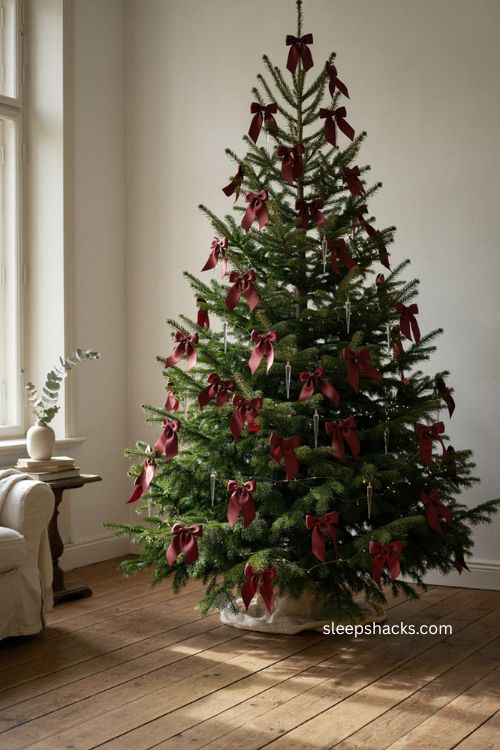 Minimal burgundy silk bow Christmas tree with delicate icicle ornaments 