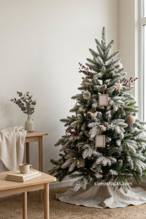 Minimal frosted Christmas tree with sentimental ornaments and berry accents