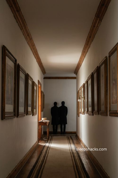 Minimalist Halloween hallway with eerie figures at the end of the corridor 