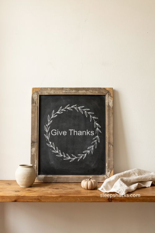 Minimalist Thanksgiving chalkboard wreath with white chalk leaves and farmhouse mantel decor 