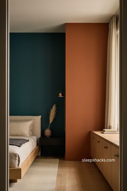 Minimalist bedroom with teal and orange color blocking