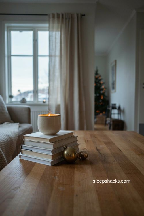 Minimalist christmas coffee table decor with white books and candle 