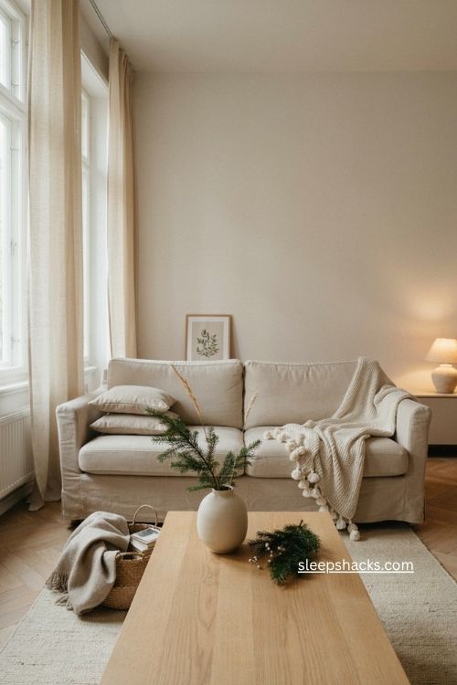 Minimalist cream knit Christmas throw with pom pom trim 