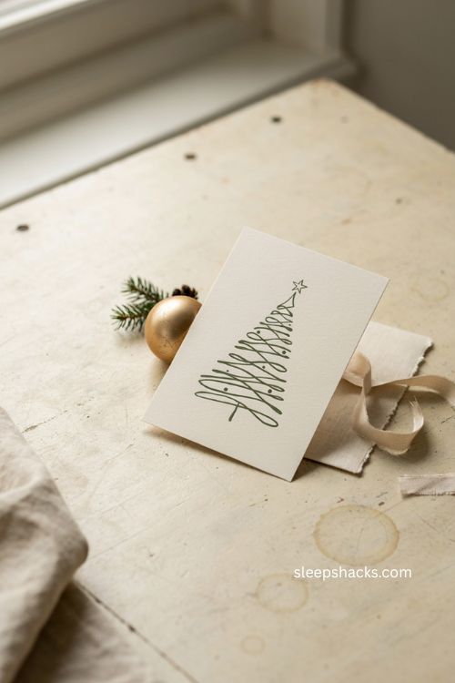 Minimalist line art Christmas tree card with deep green and gold 