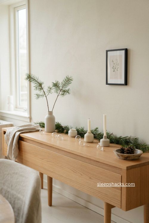 Minimalist white Christmas sideboard decor with pine branches and glass ornaments