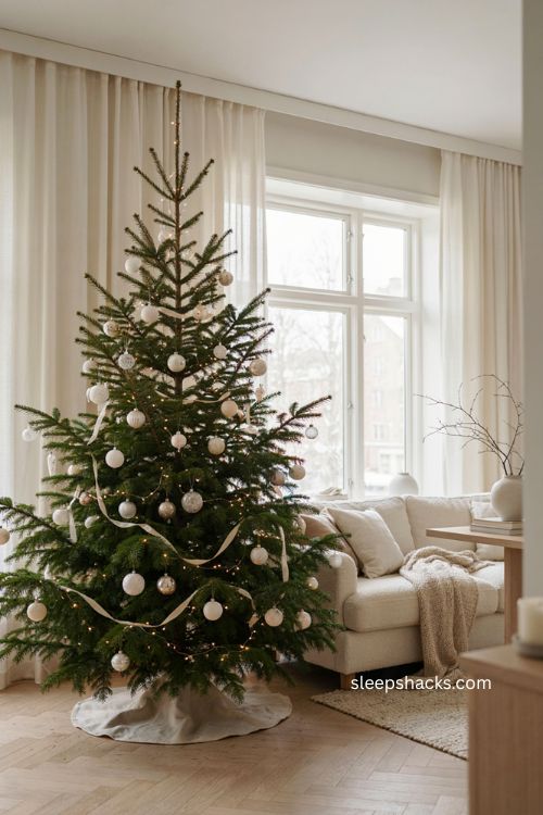 Minimalist white Christmas tree with warm lights and open branches 