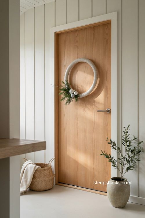 Minimalist white hoop Christmas wreath with greenery and negative space 