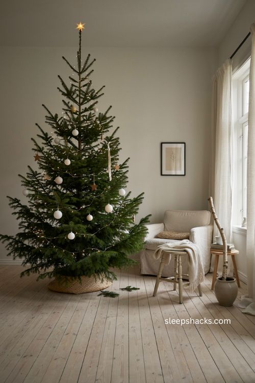 Minimalist winter Christmas tree with white ornaments wooden stars neutral ribbon and warm lights