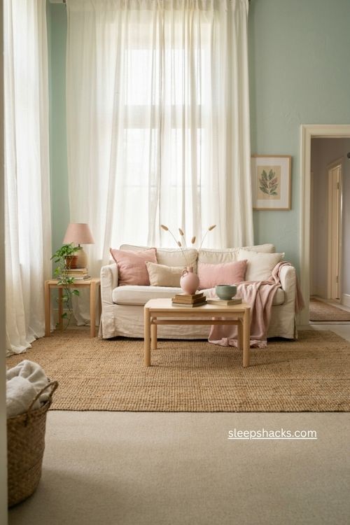 Mint green and millennial pink living room with soft curtains and natural light