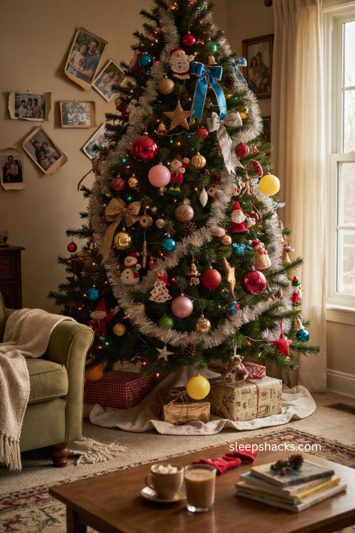 Mismatched 90s christmas tree with oversized tiny and vintage ornaments 