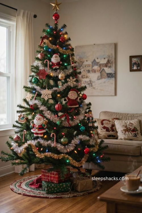 Mismatched Santa figurines and 90s Christmas tree decor 