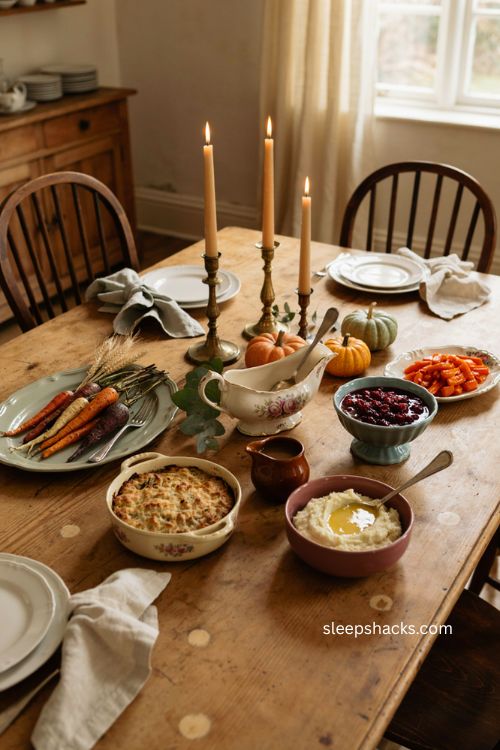 Mismatched vintage Thanksgiving serving dishes with floral gravy boat and rustic table 