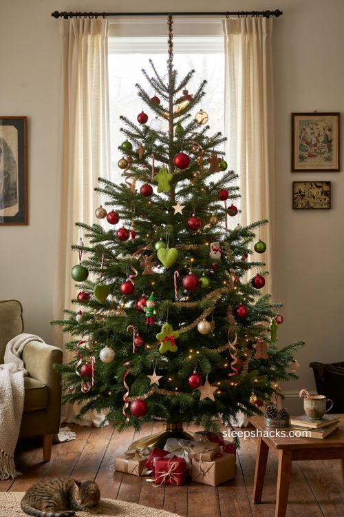 Mismatched wonky ornaments on a Grinch Christmas tree 