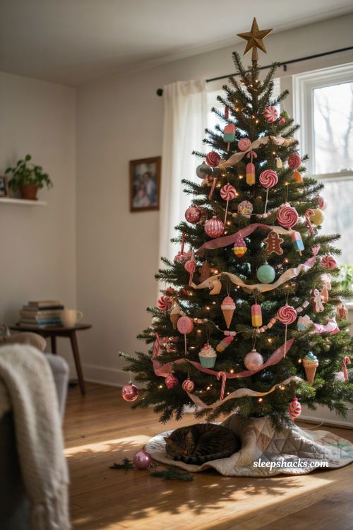 Mixed candyland Christmas tree ornaments collected over time