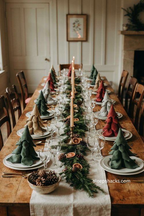 Mixed color Christmas tree napkin folding for a cohesive holiday table 