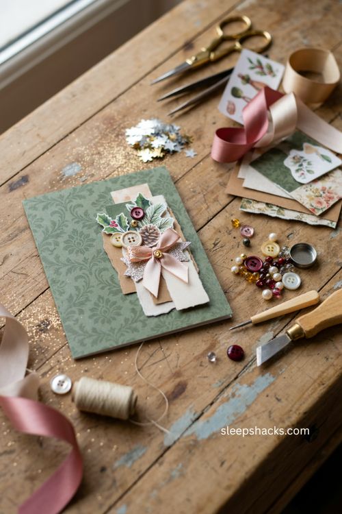 Mixed media Christmas card with buttons beads ribbon glitter star and layered scrapbook embellishments 