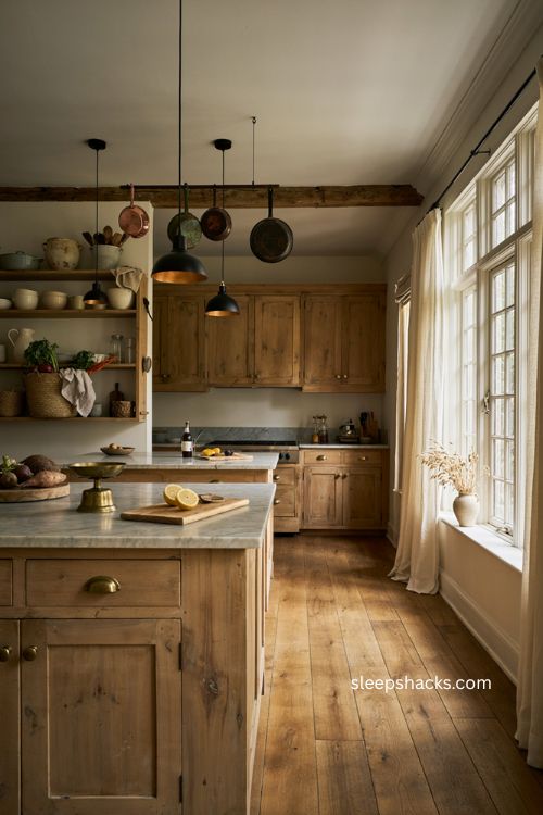Mixed metal finishes with reclaimed wood and hanging copper pots in a rustic kitchen 