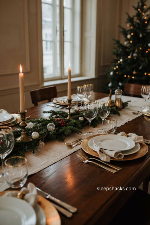 Mixed metal glam Christmas table decor ideas with crystal glasses