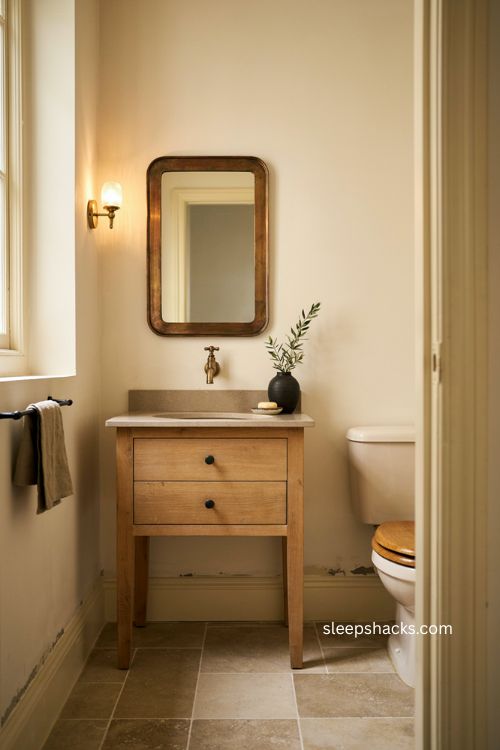 Mixed metal half bathroom ideas with brass and black fixtures