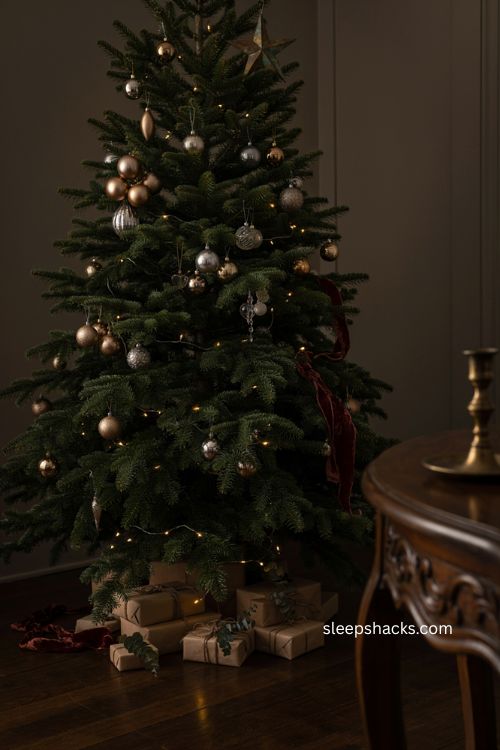 Mixed metallic Christmas tree ornaments in gold silver bronze and pewter