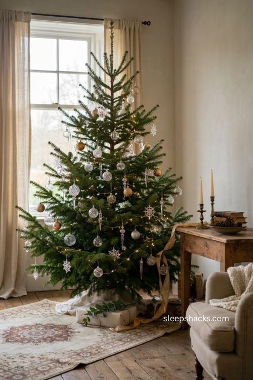 Mixed metallic and crystal Christmas tree with gold silver ornaments